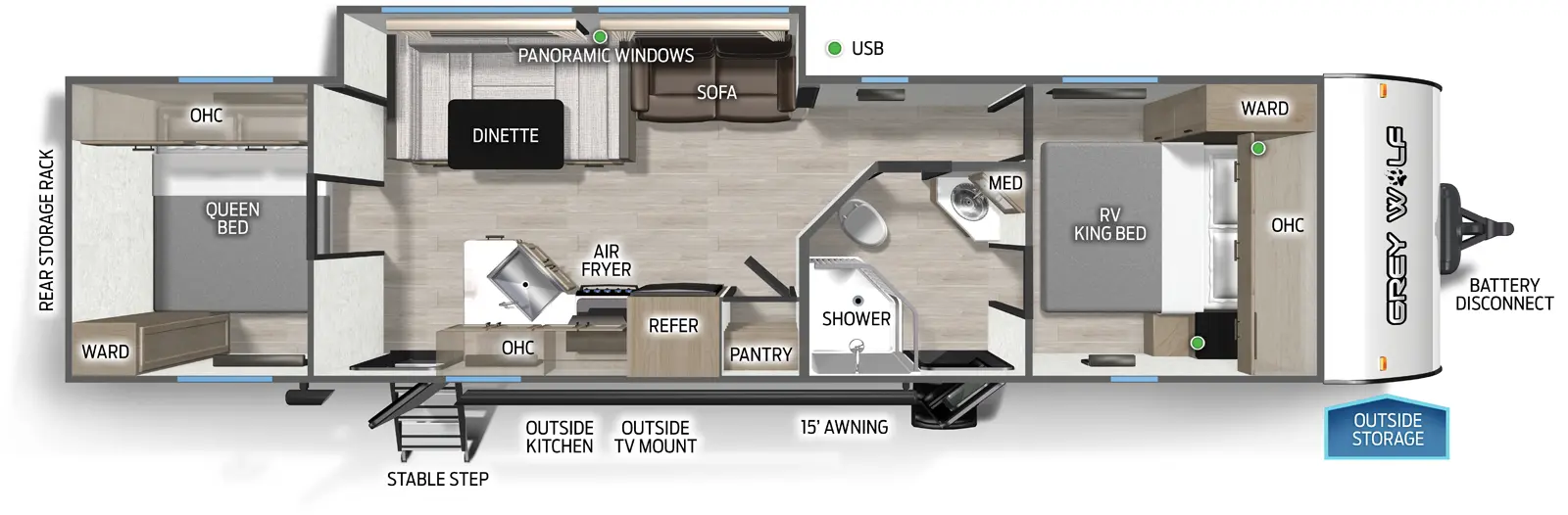 The Grey Wolf 29QB floorplan has two entries and one slide out. Exterior features include: metal exterior, 15' awning and outside kitchen. Interiors features include: u-dinette, front bedroom, rear bedroom and two bedrooms.